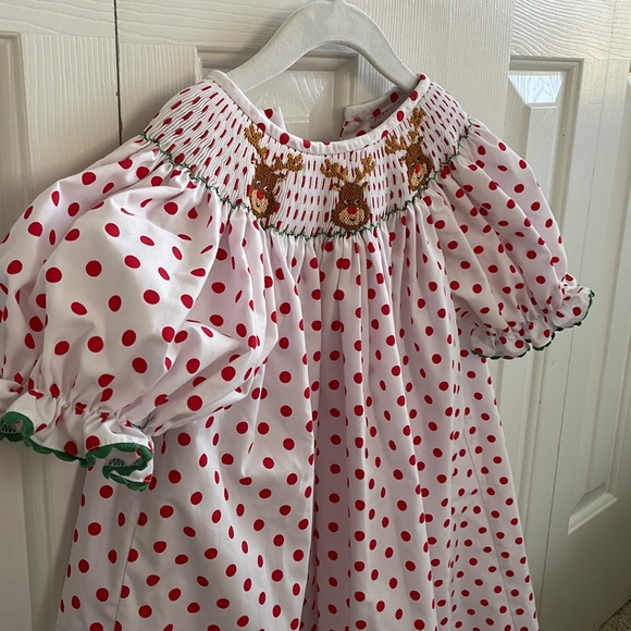 Southern smocked Christmas reindeer bishop dress - Picture 3 of 5
